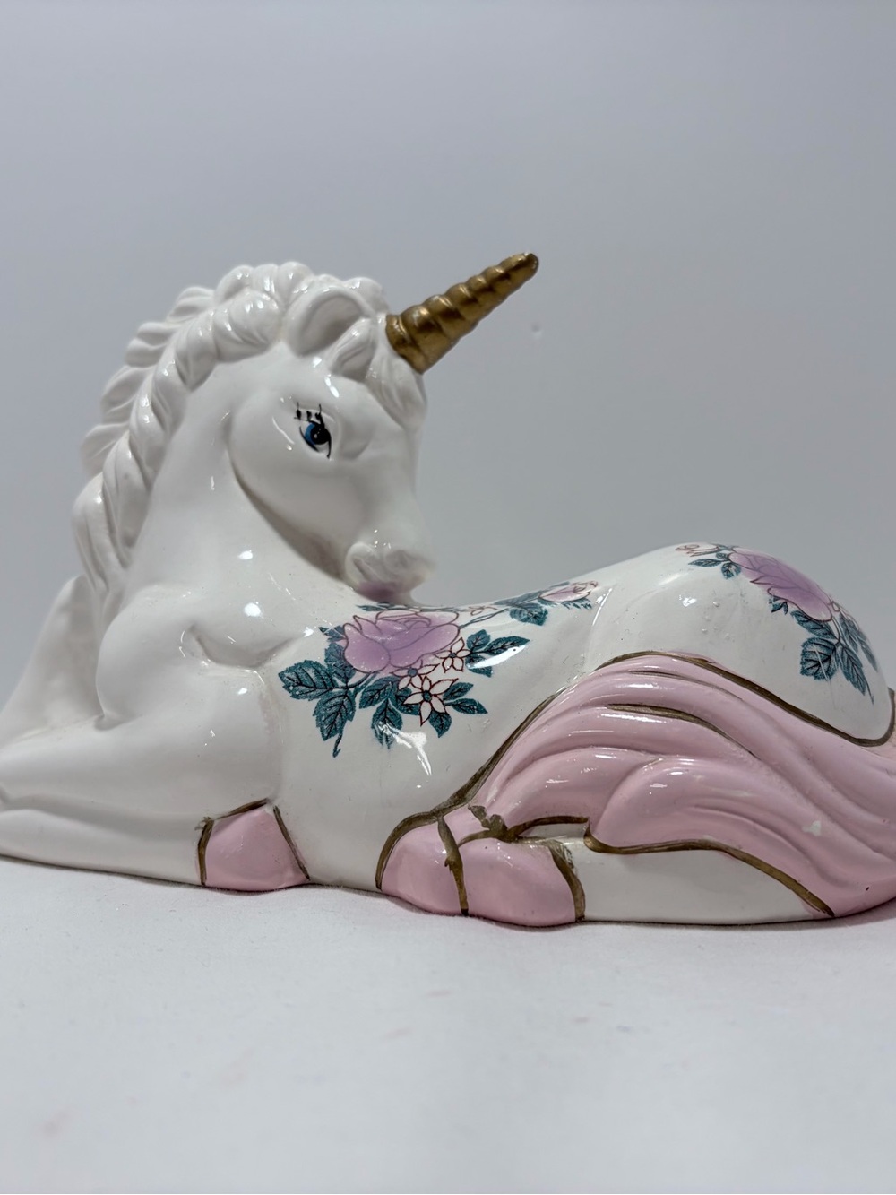 Vintage Ceramic Unicorn Figurine in White, Pink & Gold - Floral Accent 80’s